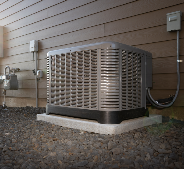 A large air conditioner sitting outside of a house.