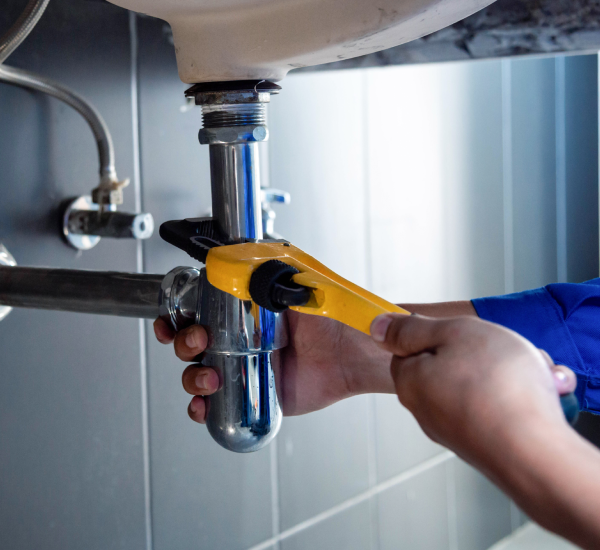 A person is holding a wrench over the sink.